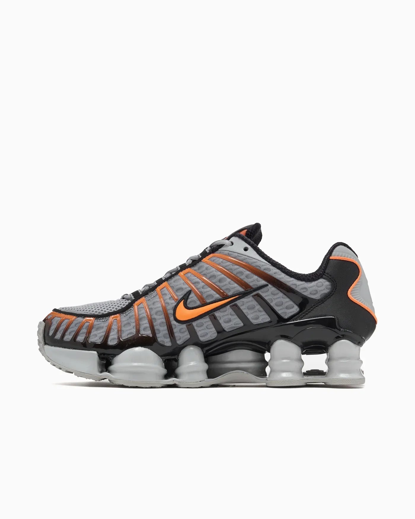 Nike Shox TL Light Smoke Gray, Black, and Bright Mandarin